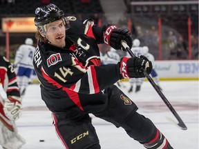 Mike Blunden during the warm up as the Binghamton Senators take on the Toronto Marlies in American League action at the Canadian Tire Centre.