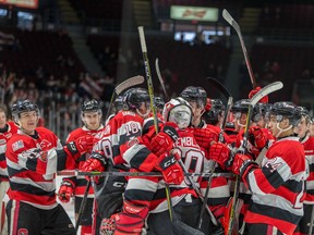 Ottawa 67's celebrate after defeating the Peterborough Petes on Sunday. (VALERIE WUTTI/Photo)