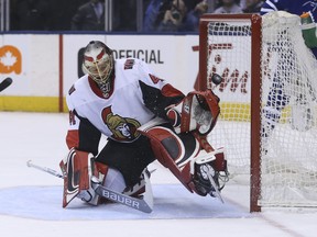 Senators goalie Craig Anderson allowed three goals on 10 shots before being pulled on Saturday night. (JACK BOLAND/Toronto Sun)