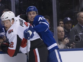 Senators defenceman Dion Phaneuf faced his former team in Toronto on Saturday night. (STAN BEHAL/Postmedia Network)