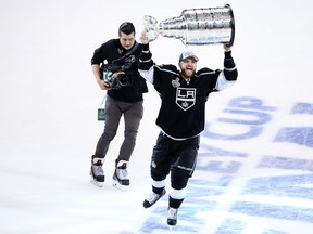 Marian Gaborik #12 of the Los Angeles Kings celebrates with the Stanley Cup after the Kings 3-2 double overtime victory against the New York Rangers in Game Five of the 2014 Stanley Cup Final.
