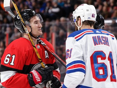 The Sens' Mark Stone has words with Rick Nash.