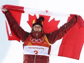 Gold medalist, Cassie Sharpe of Canada celebrates on the podium following the Freestyle Skiing Ladies' Ski Halfpipe Final on day eleven of the PyeongChang 2018 Winter Olympic Games at Phoenix Snow Park on February 20, 2018 in Pyeongchang-gun, South Korea.