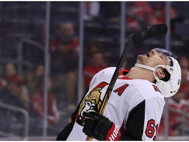 WASHINGTON, DC - FEBRUARY 27: Mark Stone #61 of the Ottawa Senators reacts after his shot was saved against the Washington Capitals during the first period at Capital One Arena on February 27, 2018 in Washington, DC.