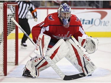 WASHINGTON, DC - FEBRUARY 27: Goalie Philipp Grubauer #31 of the Washington Capitals tends the net against the Ottawa Senators during the first period at Capital One Arena on February 27, 2018 in Washington, DC.