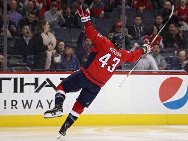 WASHINGTON, DC - FEBRUARY 27: Tom Wilson #43 of the Washington Capitals celebrates after scoring a goal against the Ottawa Senators during the second period at Capital One Arena on February 27, 2018 in Washington, DC.