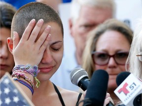 Marjory Stoneman Douglas High School student Emma Gonzalez reacts during her speech at a rally for gun control at the Broward County Federal Courthouse in Fort Lauderdale, Florida on February 17, 2018.