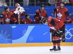 Canada reacts after loosing the men's semi-final ice hockey match between Canada and Germany during the Pyeongchang 2018 Winter Olympic Games at the Gangneung Hockey Centre in Gangneung on February 23, 2018.