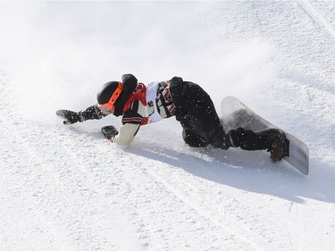 Mark McMorris of Canada falls in his third run of the men's slopestyle final on Sunday.  Jean Levac/Postmedia