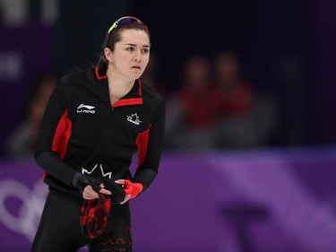 Isabelle Weidemann of Ottawa warms up prior to the women's 3,000-metre speed skating event.  Jean Levac/Postmedia