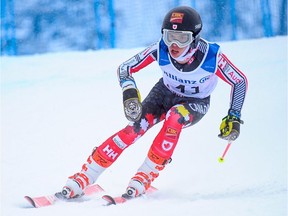 Alexis Guimond of Gatineau competes in the World Para-Alpine Ski World Cup Finals downhill race at Kimberley, B.C., on Feb. 10. Roger Witney photo.