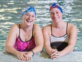 Andrea Schwartz Smith, (R) a 1996 Olympian who runs B-Train, a Masters swimming group with Ottawa writer Andrea Douglas, (L), who swam through breast cancer treatments and is now using swimming to raise money to fight the disease.  Photo by Wayne Cuddington/ Postmedia