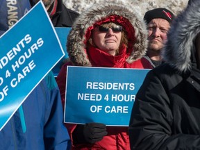 Personal support workers, registered practical nurses and other staff attend a rally outside MPP for Ottawa-Orléans, Marie-France Lalonde's office on Centrum Blvd to support better and increased care for residents in long-term care.