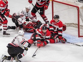 Ottawa 67's forward Sasha Chmelevski makes a save with his face during yesterday's win. Valerie Wutti Photo