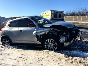 Car vs Transport 417 WB after Bayshore M60 minor airbag injury Treated on scene by Paramedics. Diesel leak from transport has 2 lanes closed. Ottawa paramedic services via Twitter