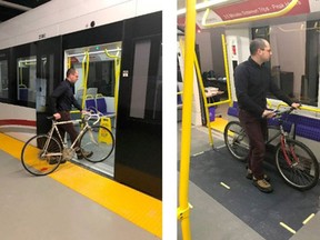 How bikes-on-a-train would work, using the LRT train mockup that was on display at Lansdowne (from staff presentation).