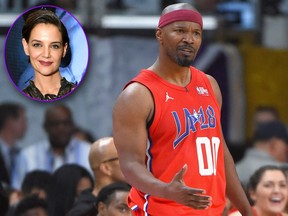 Jamie Foxx reacts during the 2018 NBA All-Star Game Celebrity Game at Los Angeles Convention Center on Feb. 16, 2018 in Los Angeles. Prior to the game, he walked away during an interview with ESPN's SportsCenter when he was asked a question about Katie Holmes (inset). (Jayne Kamin-Oncea/Mike Coppola/Getty Images)