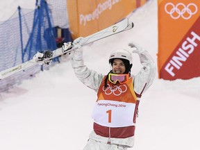 Mikael Kingsbury celebrates his final run in moguls at the Pyeongchang Olympics on Feb. 12.