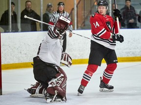 Ontario University Athletics men's playoff hockey game between the Carleton Ravens and the Ottawa Gee-Gees held on Feb 16, 2018 at the Minto Sports Rink at Ottawa University. 
(Marc Lafleur / Carleton Ravens)