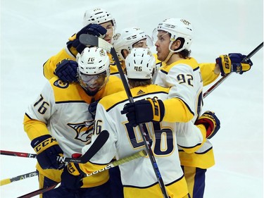 Nashville Predators P.K. Subban (76)celebrates his goal against the Ottawa Senators with teammates during first period NHL action in Ottawa, Thursday, February 8, 2018.