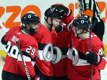 Ottawa Senators forward Magnus Paajarvi (56) celebrates his goal against the Nashville Predators with teammates Johnny Oduya (29) and Jean-Gabriel Pageau (44) in Ottawa, Thursday, February 8, 2018.