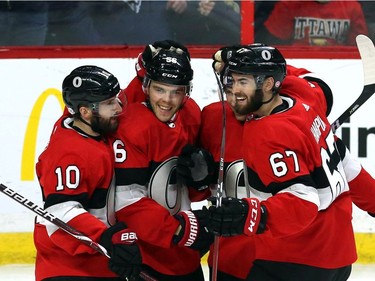 Senators winger Magnus Paajarvi (56) celebrates his goal against the Rangers with defencemen Ben Harpur (67) and Cody Ceci and winger Tom Pyatt (10) during the third period.