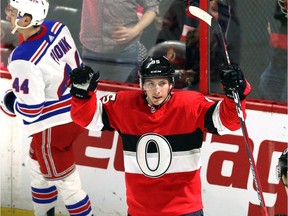 Senators centre Matt Duchene celebrates his goal against the Rangers during the second period of Saturday's game in Ottawa.
