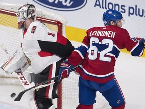 Montreal Canadiens left wing Artturi Lehkonen (62) scores against Ottawa Senators goaltender Mike Condon (1) during second period NHL hockey action in Montreal, Sunday, February 4, 2018.