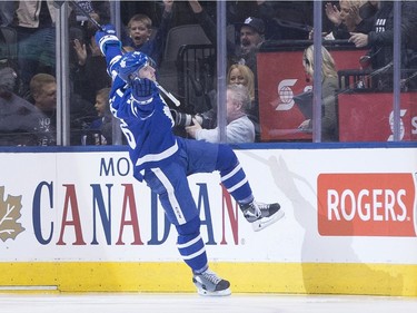 Toronto's Mitchell Marner celebrates a goal in the first period. THE CANADIAN PRESS/Chris Young