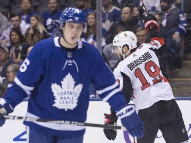 Ottawa's Derick Brassard (right) after a shot bounced off his leg and into the net for a third-period goal. THE CANADIAN PRESS/Chris Young