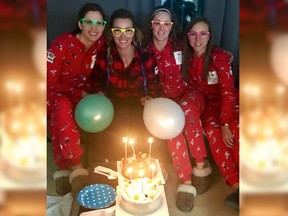 Wednesday's celebration included all four members of the Canadian women's curling team, left to right: Lisa Weagle, birthday girl Emma Miskew, Joanne Courtney and Rachel Homan.