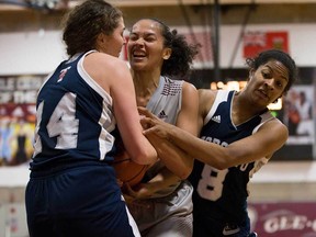 Brigitte Lefebvre-Okankwu, the favourite to be selected Ontario University Athletics East rookie of the year, notched a double-double as the uOttawa Gee-Gees pounded the Varsity Blues 73-50 in the opening round of the playoffs. (Greg Mason photo)