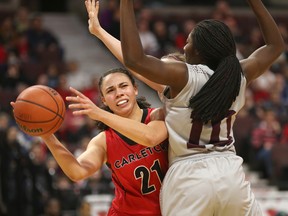 Elizabeth Leblanc (left) had 10 points in the Carleton Ravens' victory over the Windsor Lancers on Wednesday night. (Jana Chytilova/Postmedia Network)