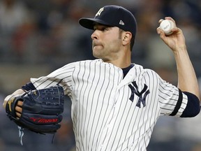 FILE - In this Monday, Sept. 18, 2017 file photo, New York Yankees starting pitcher Jaime Garcia delivers during the second inning of a baseball game against the Minnesota Twins in New York. Left-hander Jaime Garcia and the Toronto Blue Jays have agreed to a $10 million, one-year contract that includes a 2019 team option. Garcia gets $8 million this year as part of the deal announced Thursday, Feb. 15, 2018. (AP Photo/Kathy Willens, File) ORG XMIT: NY160