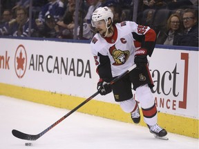 Senators captain Erik Karlsson handles the puck during the third period of a game against the Maple Leafs in Toronto on Feb. 10.