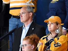 Nashville Mayor Megan Barry, right, attends the 2017 NHL Stanley Cup Finals Game 6 with her bodyguard, Robert Forrest, at Bridgestone Arena on June 11, 2017 in Nashville, Tennessee. (Jason Davis/Getty Images)