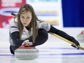 Skip Rachel Homan, from Ottawa, Ont. throws a rock during her Olympic 6-5 win over Team Carey in the 2017 Roar of the Rings Canadian Olympic Curling Trials in Ottawa on Sunday, December 10, 2017.