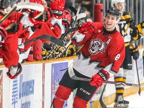 Ottawa 67's centre Sasha Chmelevski (8) celebrates at the bench after scoring against the Kingston Frontenacs in Ottawa on Saturday, Jan. 27, 2018. (Val Wutti/Blitzen Photography/OSEG)