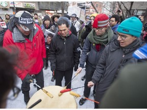Mohawk drummers perform a song during a vigil in support of Colten Boushie's family, following the acquittal of Saskatchewan farmer Gerald Stanley on charges in connection with Boushie's death, Tuesday, February 13, 2018 in Montreal.