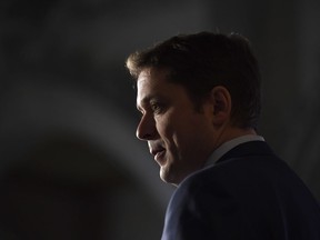 Conservative Leader Andrew Scheer speaks to reporters during a media availability on Parliament Hill in Ottawa on Tuesday, Feb. 6, 2018.