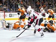 Senators centre Derick Brassard controls the puck as he heads towards the Flyers' net during last Saturday's game in Philadelphia. Brassard was out of the lineup for Tuesday's home game against the Devils.