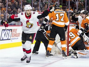 Senators centre Derick Brassard celebrates after scoring a goal against the Flyers on Feb. 3.