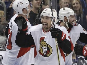 Senators defenceman Cody Ceci celebrates a goal against the Lightning during a game on Dec. 21.