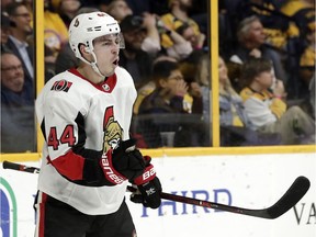 Senators centre Jean-Gabriel Pageau celebrates after scoring a goal against the Predators in Nashville on Monday night.