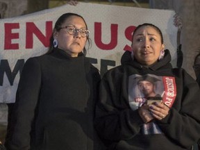 Jade Tootoosis, the cousin of Colten Boushie, speaks to media outside of the Court of Queen's Bench after a jury delivered a verdict of not guilty in the trial of Gerald Stanley, the farmer accused of killing the 22-year-old Indigenous man Colten Boushie, in Battleford, Friday, February 9, 2018.