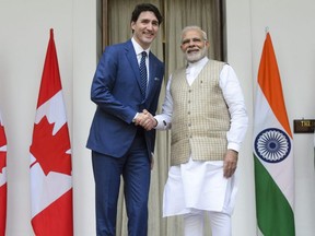 Prime Minister Justin Trudeau meets with Prime Minister of India Narendra Modi at Hyderabad House in New Delhi, India on Friday, Feb. 23, 2018.