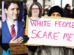 A women holds a sign during a rally in response to Gerald Stanley's acquittal in the shooting death of Colten Boushie in Edmonton, Alta., on Saturday, February 10, 2018. (Inset are Trudeau and Philpott) THE CANADIAN PRESS/Jason Franson