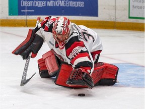 67's netminder Olivier Tremblay gave up three goals on the first seven shots before being replaced by Cédrick Andrée. Valerie Wutti/Blitzen Photography/Files