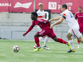 Ottawa Fury FC #30 Adonijah Reid. The 18-year-old forward played in 12 matches with Fury FC last season. He is shown here in October, 2017.