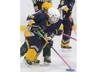 Jayden Robillard of the Metcalfe Hornets stickhandles the ring against Gloucester-Cumberland checkers.  Julie Oliver/Postmedia